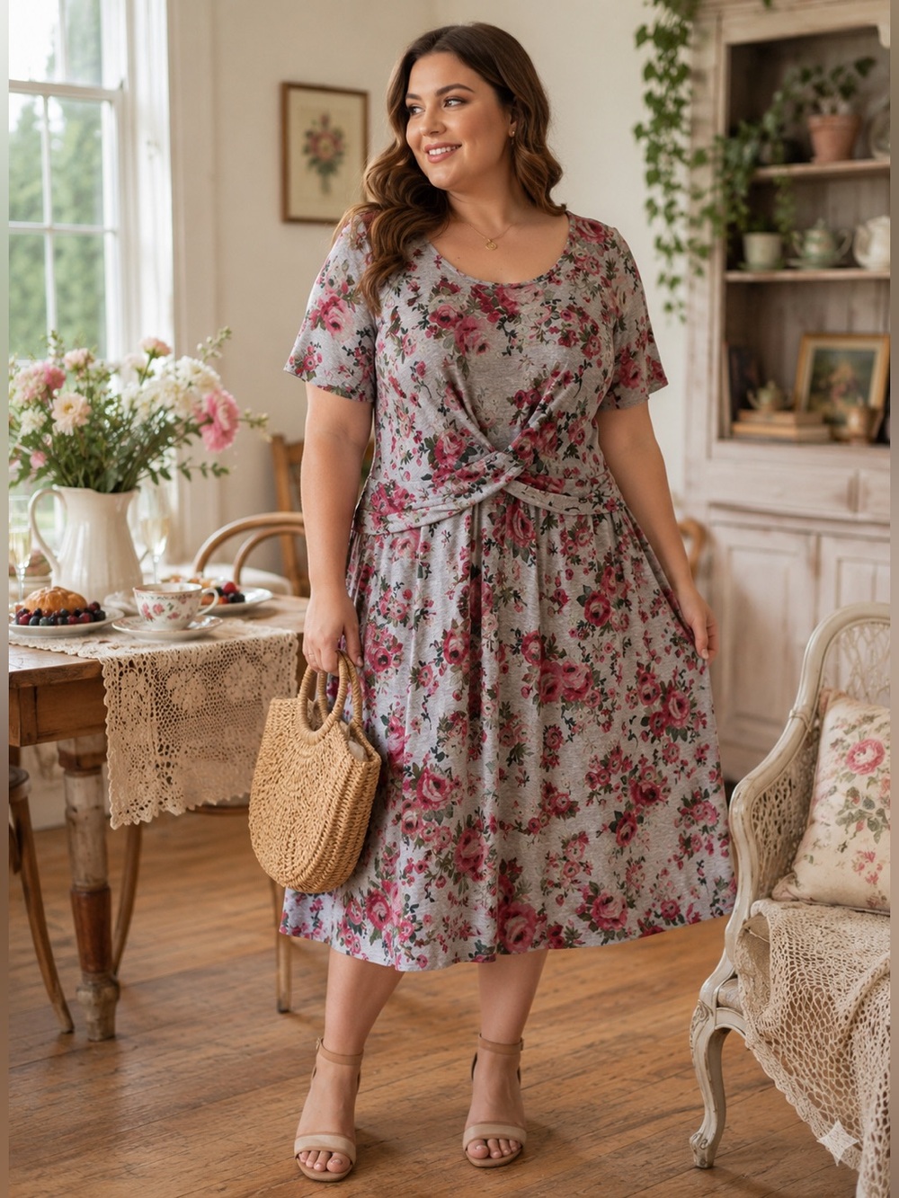 Torrid Super Soft Plush Floral Faux Wrap Dress Plus Size 1 Gray Pink Midi